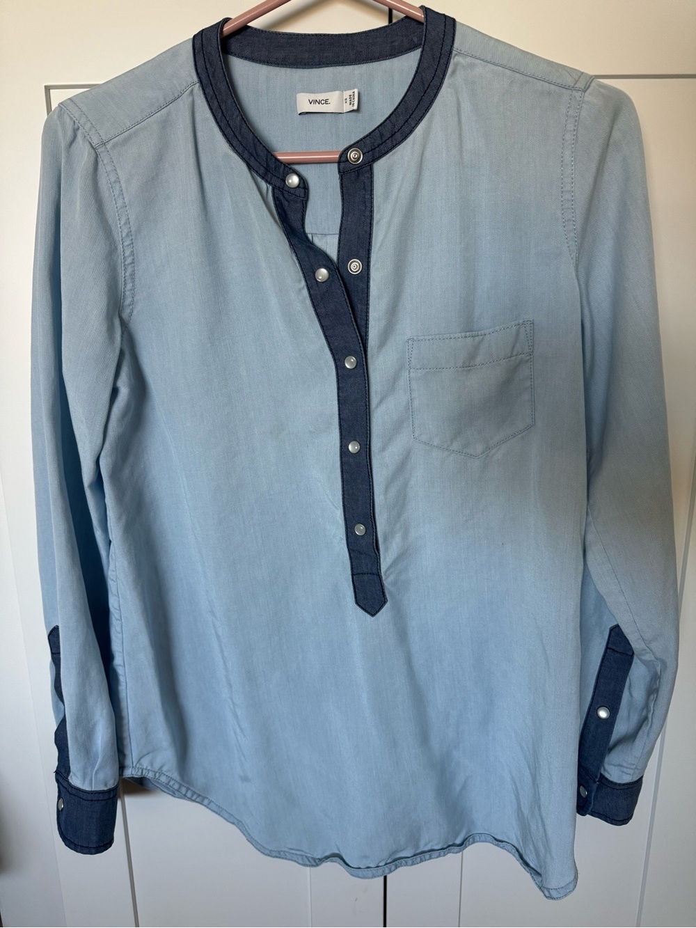 Vince Light Blue Long-Sleeve Popover Shirt with Navy Trim